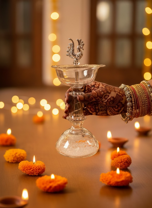 Bell-Base Tall Glass Diya with Peacock Finial